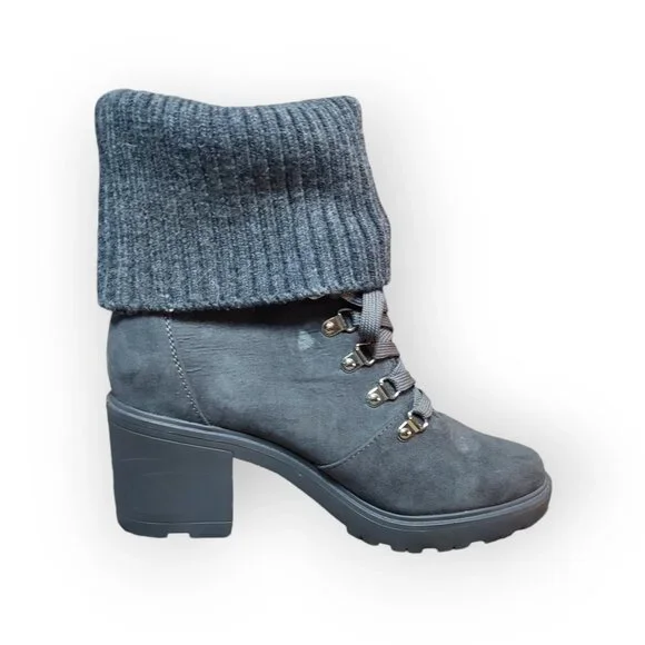 Just Fab Camber Knitted Cuff Lace-Up Booties Gray Caviar Chunky Heeled Size 9 - Picture 1 of 10